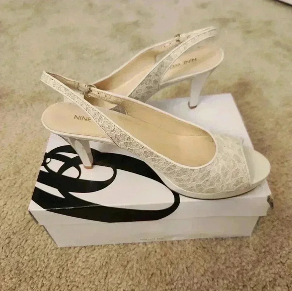 Nine West Women Shoes Heel Open Toe Sling Back Sandal Cream Net Fabric Upper 8.5 - Picture 1 of 7